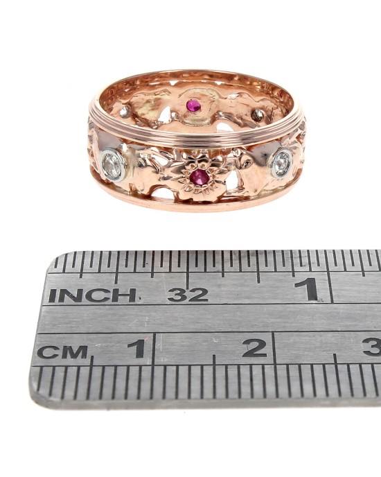 Diamond and Ruby Open Cut Floral Motif Band in Rose Gold